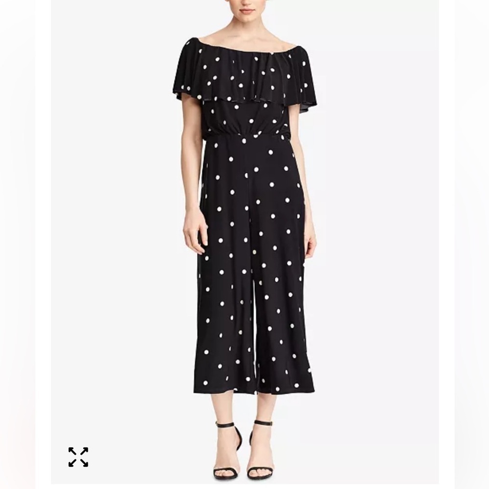 Lauren Ralph Lauren Elegant Black Polka Dot Off-Shoulder Jumpsuit Size 6. 44